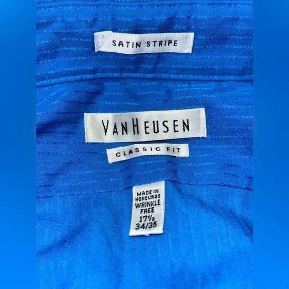 Van Heusen Mens Classic Fit & Satin Stripe Blue Button Down Dress Shirt - Picture 2 of 7